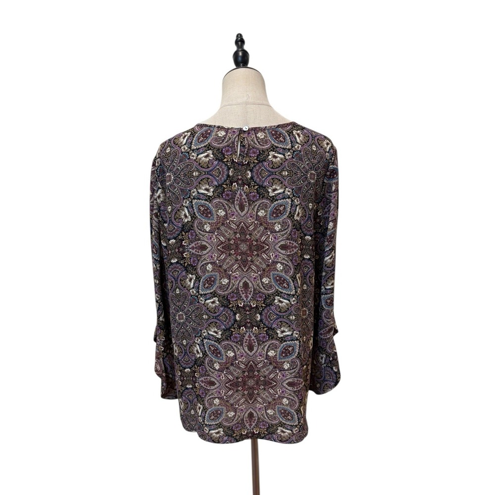 J Jill Blouse Sz M Purple‎ Brown Paisley Tunic Flares Sleeve Boho Cottage - Picture 6 of 9